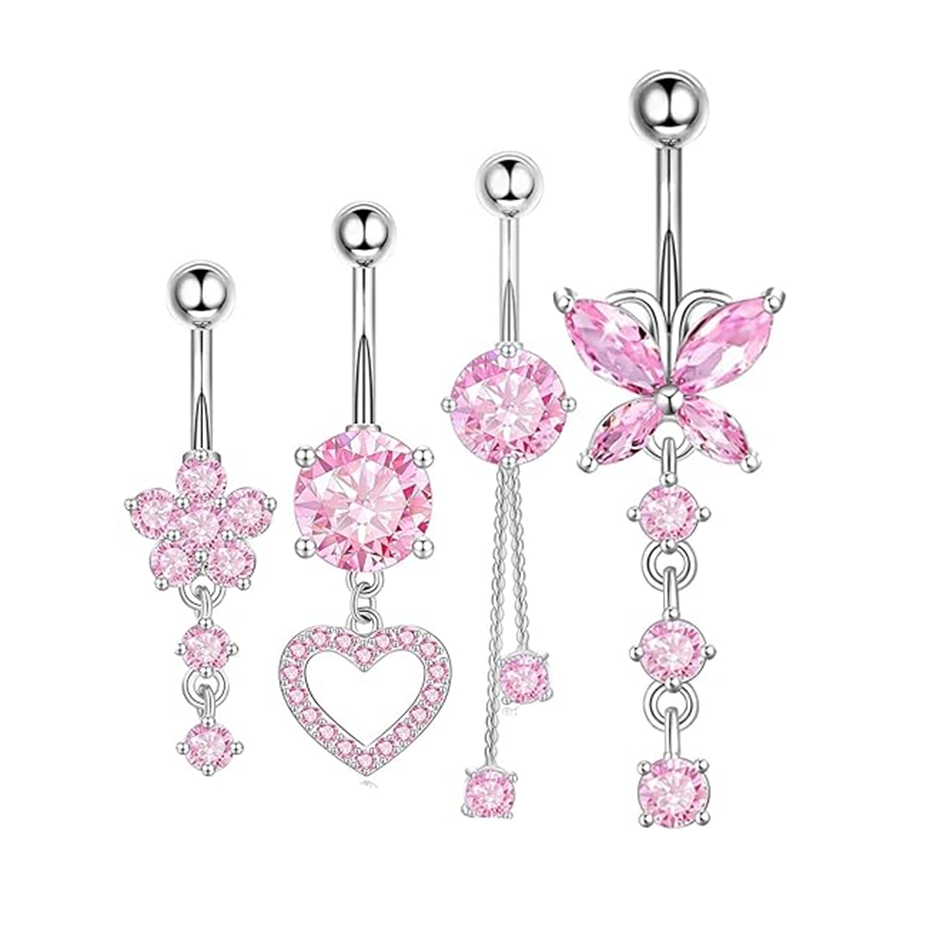 Belly Bar Titanium - Pink CZ Belly Button Rings Dangle