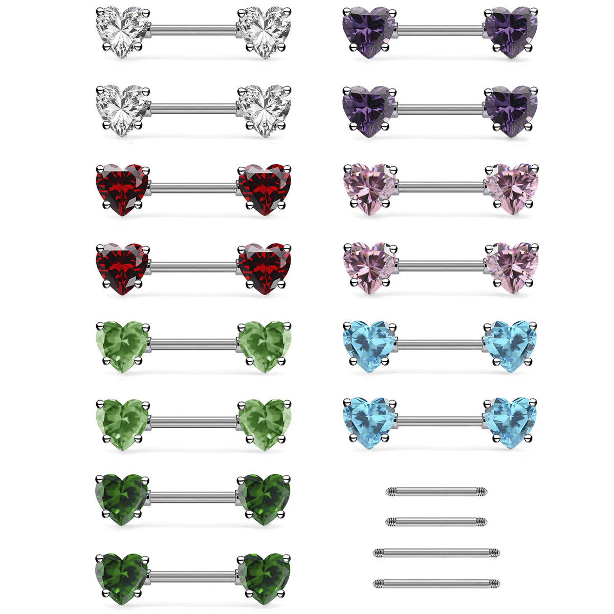 Belly Bar Titanium - 6 pcs Colored Heart-Shaped Cubic Zirconia